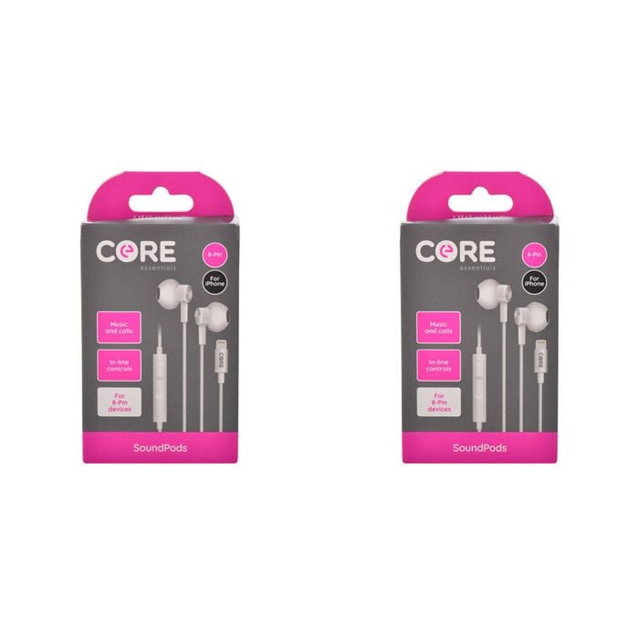 2PK Core Essentials 8-Pin SoundPods/Earphones In-Ear Wired w/ Mic - White