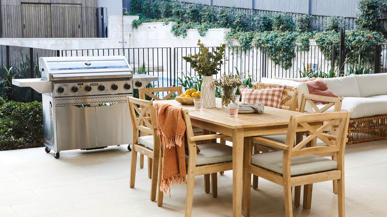 Outdoor dining table with bench seating