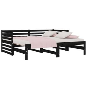 vidaXL Solid Wood Pine Pull-out Day Bed Single Size Black Sleepover Occasional