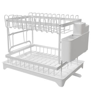 CARLA HOME 2-Tier Dish Drying Rack with Drainage Tray, Utensil Holder, Cup Hooks & Cutting Board Slot (White)