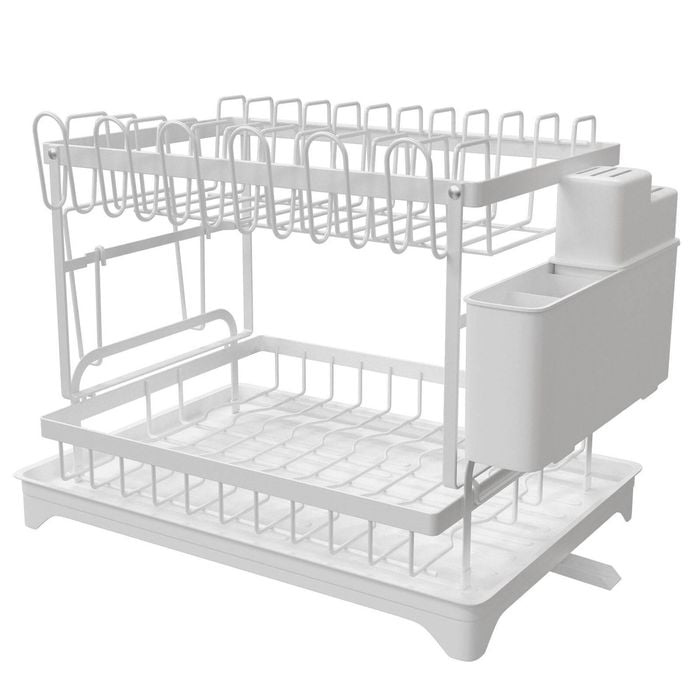 CARLA HOME 2-Tier Dish Drying Rack with Drainage Tray, Utensil Holder, Cup Hooks & Cutting Board Slot (White)