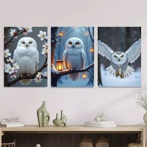 3pcs Serene White Owl Magpies & Cherry Blossoms Print 100% Australian Made 3 x 40x60cm (Metal Print)