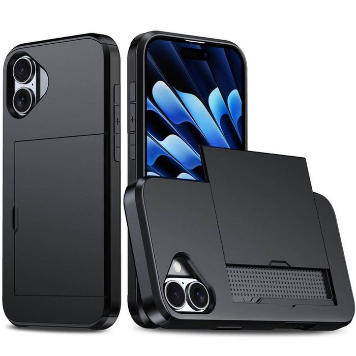 For Apple iPhone 17 Slide Armor Card Holder Wallet Protective Shockproof Hard Dual Layer Back Cover (Black)