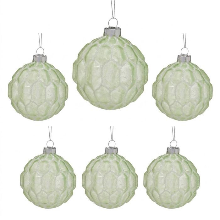 Christabelle 6 Pale Green Glass Christmas Baubles White Shimmer 8cm Xmas Tree Decorations Hanging Ornaments