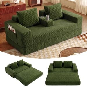 Advwin 2 Seater Folding Sofa Bed 2-in-1 Convertible Floor Loveseat Couch No Assembly w/ 2 Cup Holder & Side Pocket Green