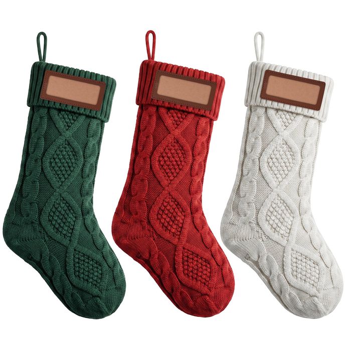 Jingle Jollys 3PCS Personalized Christmas Stockings Leather Patches 16 Inch Knitted Solid Colour