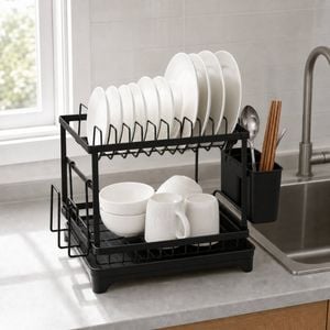 HOMFURN 2-Tier Dish Drying Rack with Drainboard, Utensil Holder & Cup Organizer, Compact Kitchen Countertop Dish Drainer for Pla