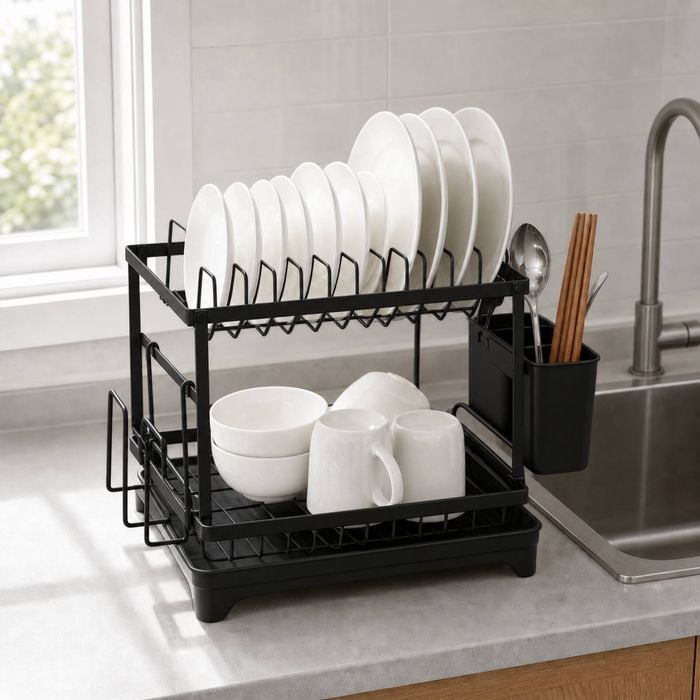 HOMFURN 2-Tier Dish Drying Rack with Drainboard, Utensil Holder & Cup Organizer, Compact Kitchen Countertop Dish Drainer for Pla