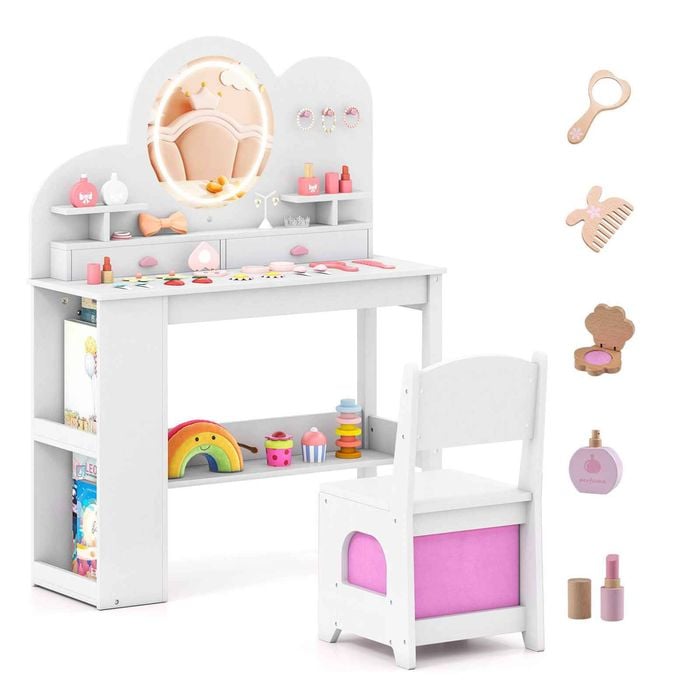 Costway Kid Vanity Table & Chair Set Makeup Dressing Table White