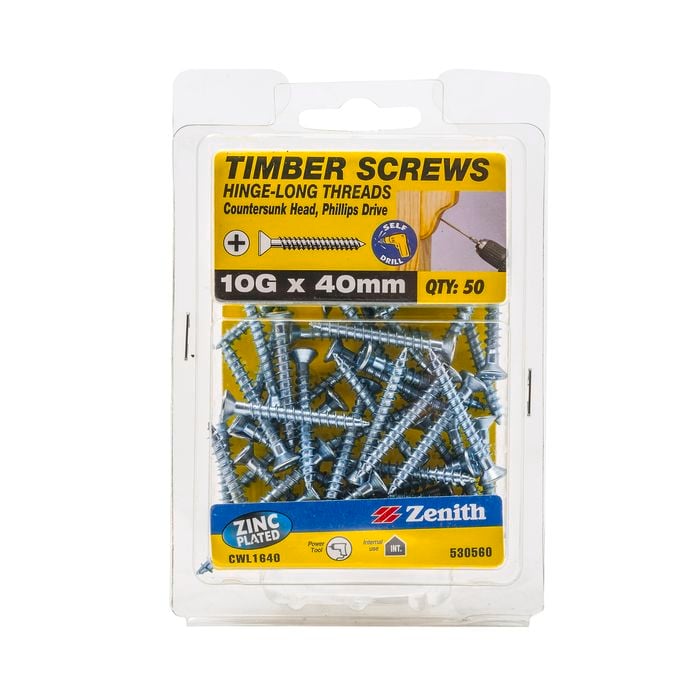 Zenith 10G x 40mm Zinc Plated Hinge-Long Thread Countersunk Head Timber Screws - 50 Pack