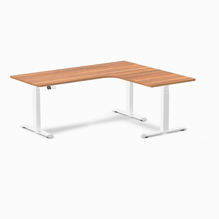 Desky L-Shape Sit to Stand Prime Oak Melamine Desk 1800x1500mm - Right Return Height Adjustable White Leg