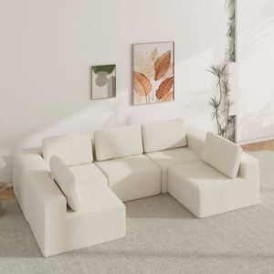 Advwin 415cm 5 Seater Sofa Convertible U Shaped Sofa Chenille Compressed Sofa Modular Couch No Assembly Beige