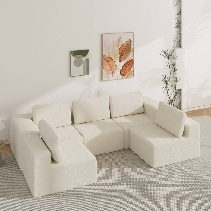 Advwin 415cm 5 Seater Sofa Convertible U Shaped Sofa Chenille Compressed Sofa Modular Couch No Assembly Beige