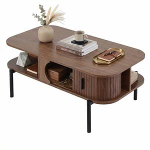 Artiss Coffee Table Shelf Cabinet Fluted Walnut