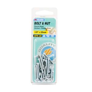 Zenith 1/8" x 25mm Zinc Plated Round Head Bolt And Nut - 25 Pack