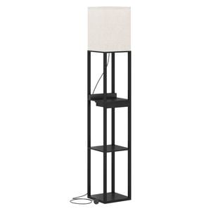 Ufurniture 3-Tier Floor Lamp Shelf Storage with Fabric Lampshade and LED Light Corner Reading Light Stand Black