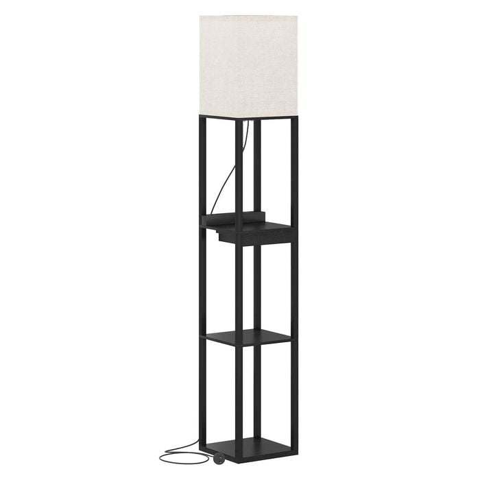 Ufurniture 3-Tier Floor Lamp Shelf Storage with Fabric Lampshade and LED Light Corner Reading Light Stand Black