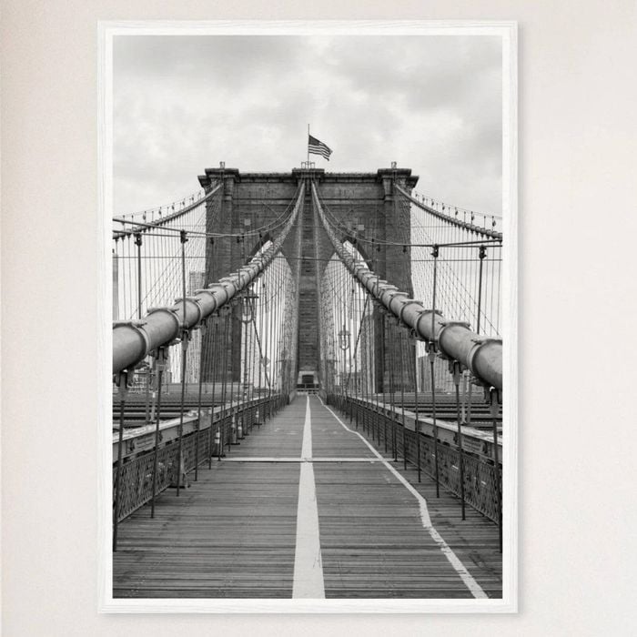 Galrie Timeless Brooklyn Bridge Black and White - Iconic Fine Art Photography Home Decor, White Frame, 70 x 100cm (28 x 40inch)