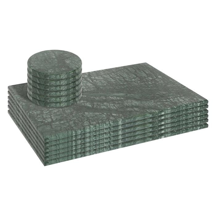 Argon Tableware 12pc Rectangle Marble Placemats & Round Coasters Set - 30cm x 20cm - Green