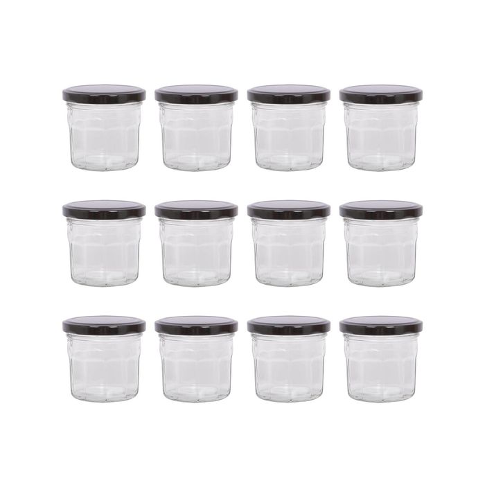 Argon Tableware 130ml Glass Jam Jars With Airtight Black Lids - Set Of 12 Empty Screw Top Kitchen Storage Preserving Jar