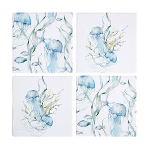 4pc LVD Glossy Ceramic Jellyfish Square Coaster Set Tableware 10x10cm