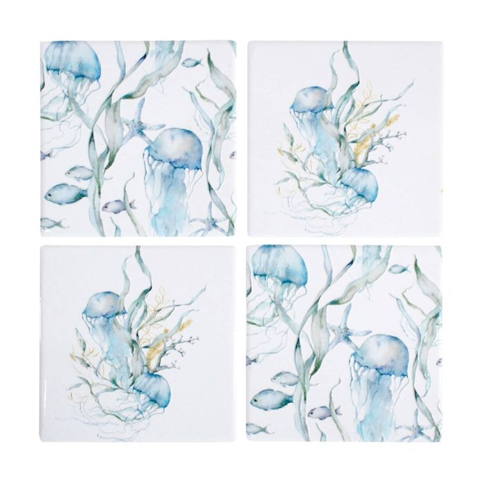 4pc LVD Glossy Ceramic Jellyfish Square Coaster Set Tableware 10x10cm