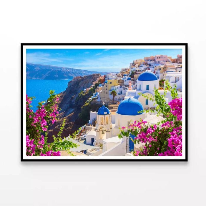 Buildings of Oia Town & Flowers  Print 100% Australian Made 90x60cm  (Poster)