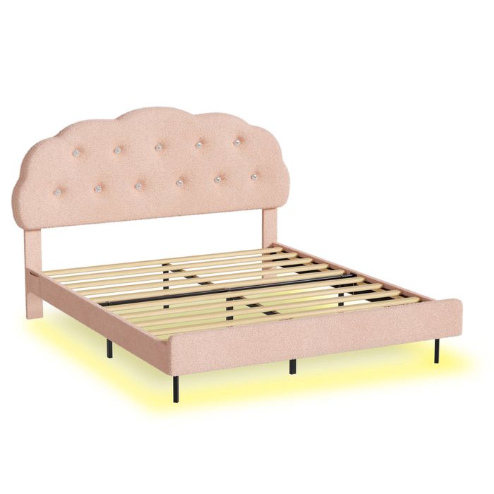 Ufurniture Adjustable Headboard Floating Bed Frame with LED Lights Double Pink