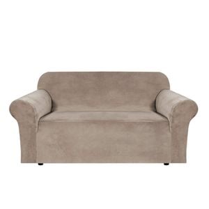 Smarcute 2 Seater Velvet Sofa Cover Non Slip Elastic Stretch Thick Plush Fabric Taupe