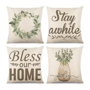 Catzon 4 Pcs Spring Wreath Throw Pillow Covers Linen for Farmhouse Decor