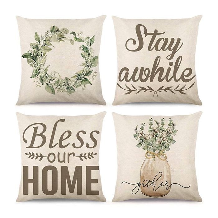 Catzon 4 Pcs Spring Wreath Throw Pillow Covers Linen for Farmhouse Decor