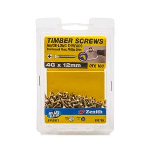 Zenith 4G x 12mm Brass Plated Hinge-Long Thread Timber Screws - 100 Pack