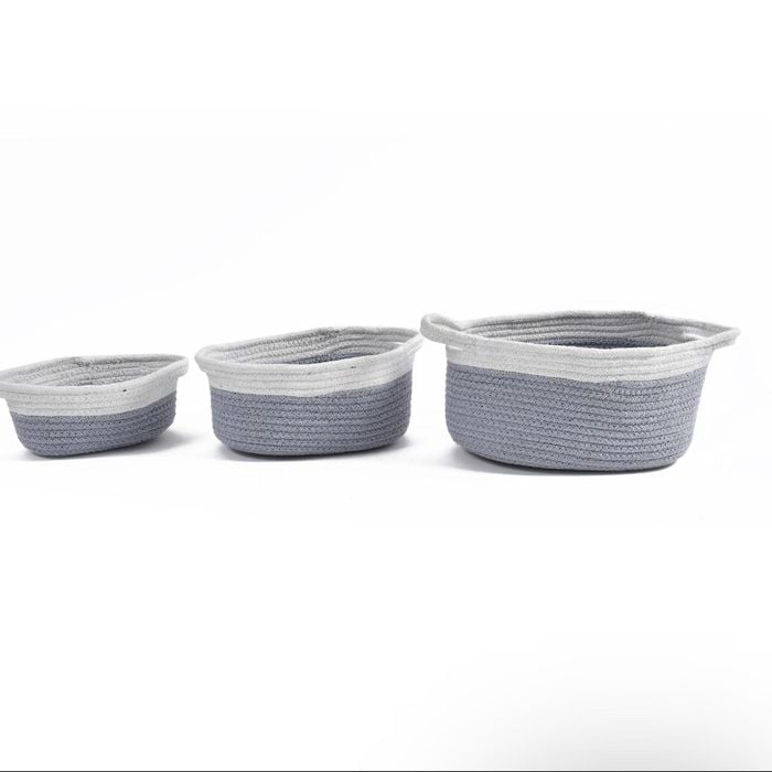 Yarra Textiles 3 PCS Cotton oval storage basket Skyy 30cm,25cm,20cm Grey-white