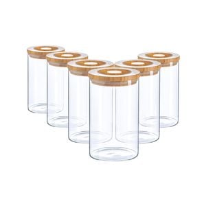 Argon Tableware 6 Piece Glass Jar With Wooden Lid Storage Set - Round Scandinavian Style Airtight Canister - 1 Litre