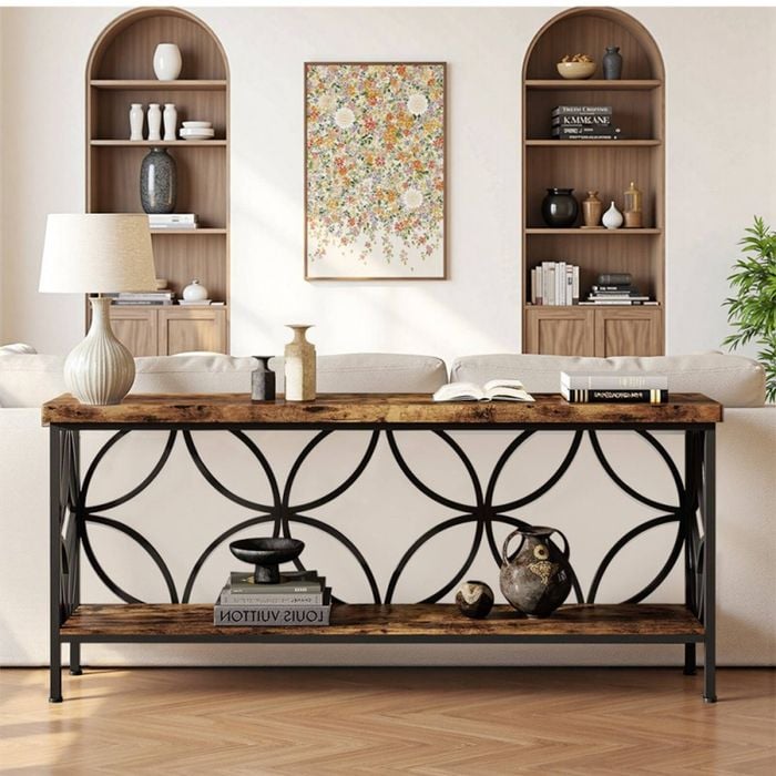 OAKORY 180cm Industrial Console Table 30cm Wide Slim with 2 Shelves, Metal Accent Frame Rustic Brown & Black