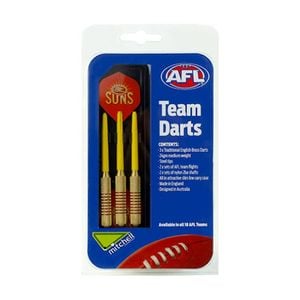 3pc AFL Brass Darts Gold Coast Suns Team Design Flights & Shafts In Case