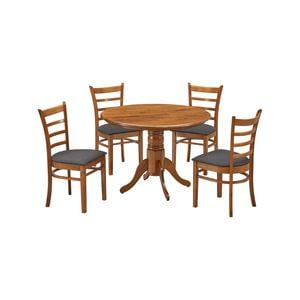 Linaria 5pc Dining Set 106cm Round Pedestral Table 4 Fabric Seat Chair - Walnut