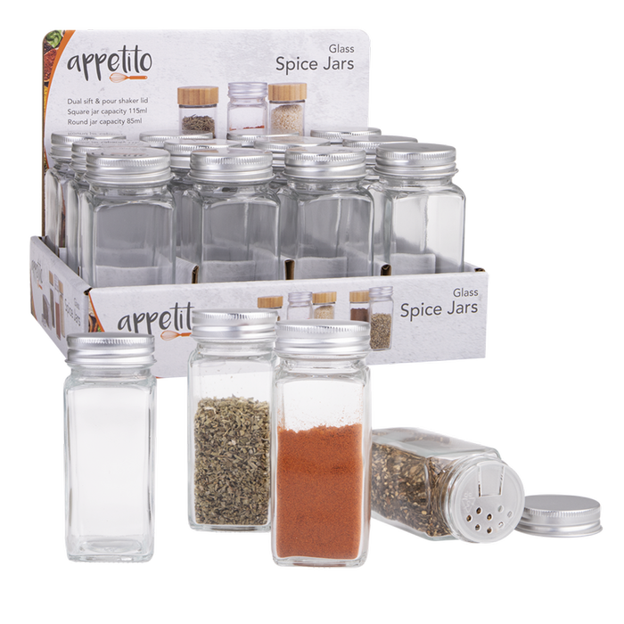 Appetito Glass Square Spice Jar With Metal Lid - Set Of 6