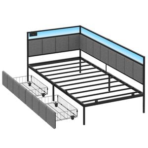 Ufurniture Corner Bed Frame Single Daybed With 2 Storage Drawers And Charging Station Bedroom Living Room Gray