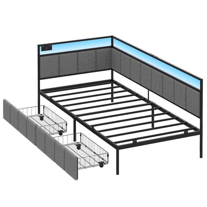 Ufurniture Corner Bed Frame Single Daybed With 2 Storage Drawers And Charging Station Bedroom Living Room Gray