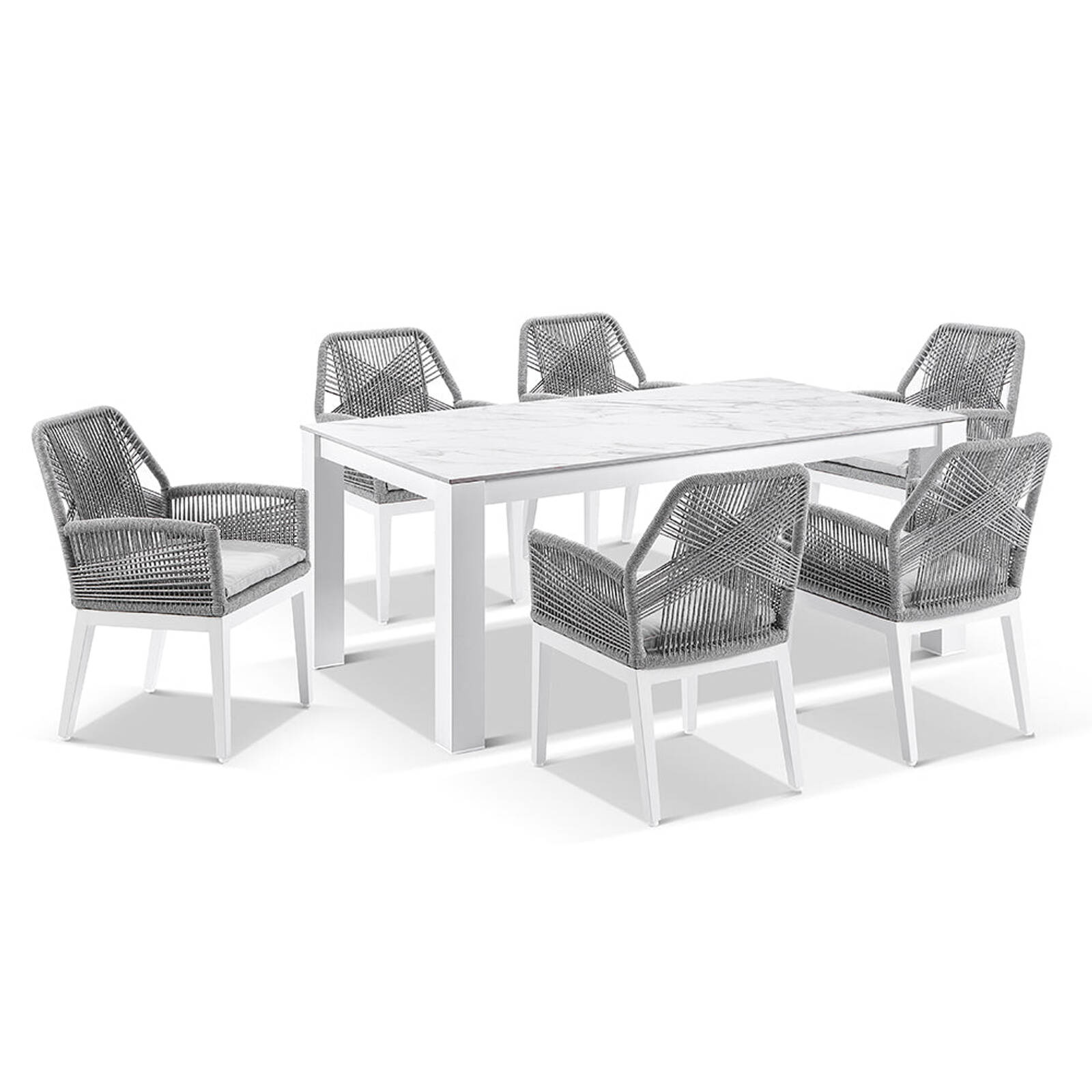 Hugo Ceramic 1.8m Outdoor Aluminium Dining Table with 6 Hugo Rope Chairs White - Grey Rope-Textured Olefin Grey product image