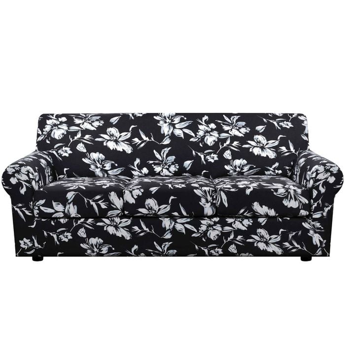 Smarcute 3 Seater Stretch Floral Pattern 4 Pieces Seperated Sofa Covers With Individual Cushions Light Black