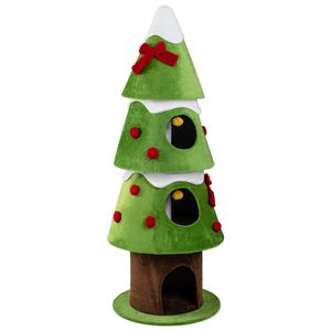 Costway 158cm Christmas Cat Tree 3 Condos 4-Level Activity Center w/Removable Plush Cover Ball-Green