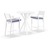 Houston Outdoor 90cm Round Aluminium Bar Table White With 2 Santorini Stools & Navy Stripe Cushions