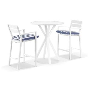 Houston Outdoor 90cm Round Aluminium Bar Table White With 2 Santorini Stools & Navy Stripe Cushions
