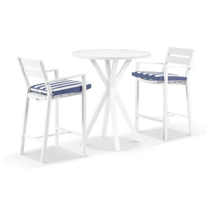Houston Outdoor 90cm Round Aluminium Bar Table White With 2 Santorini Stools & Navy Stripe Cushions
