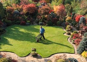 A man pushes a wheelbarrow through a perfectly manicured lawn to show how to prepare  your garden for autumn