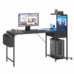 Advwin Gaming Desk with LED Lights & Power Outlets Reversible Storage Shelf 140cm Computer Desk with Fabric Drawer