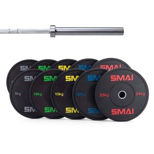 Smai 165kg Hd Bumper Plate Set Inc 15kg Barbell - 15kg Chrome Barbell