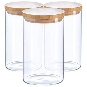 Argon Tableware Glass Storage Jar - Wooden Lid - 1l - Modern Round Scandi Organisation Container Glass Jar - Set Of 3